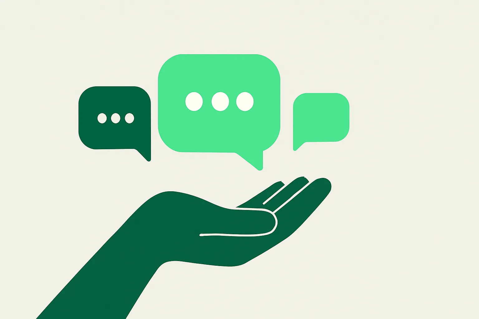 Illustration: three smartphone chat bubbles of different sizes floating above a hand, one glowing brighter than the others, representing comparing WhatsApp AI tools