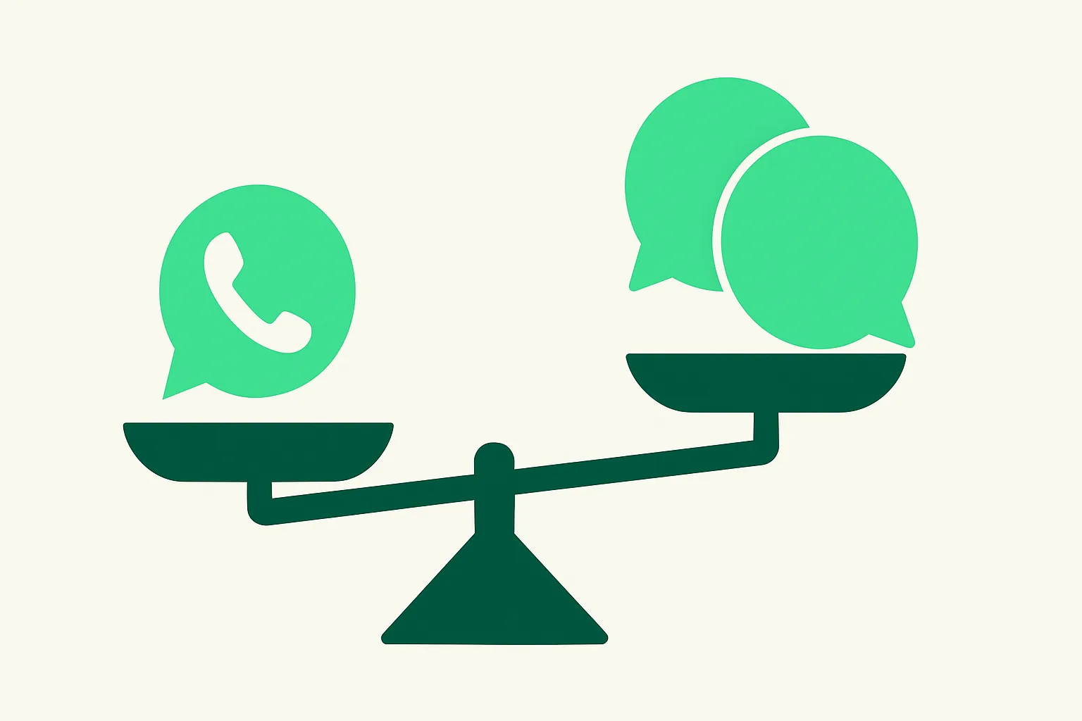 Illustration: a balance scale weighing three abstract chat-app icons, one side clearly favored, representing comparing WhatsApp business platforms