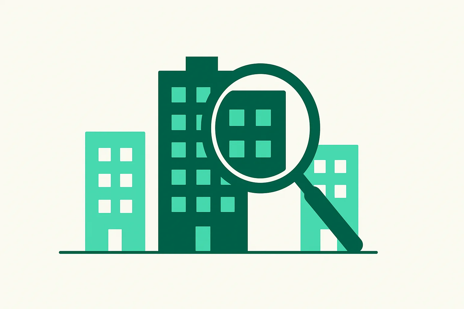 Illustration: three abstract office buildings of different sizes with a magnifying glass over the best-fit one, representing comparing Singapore AI companies