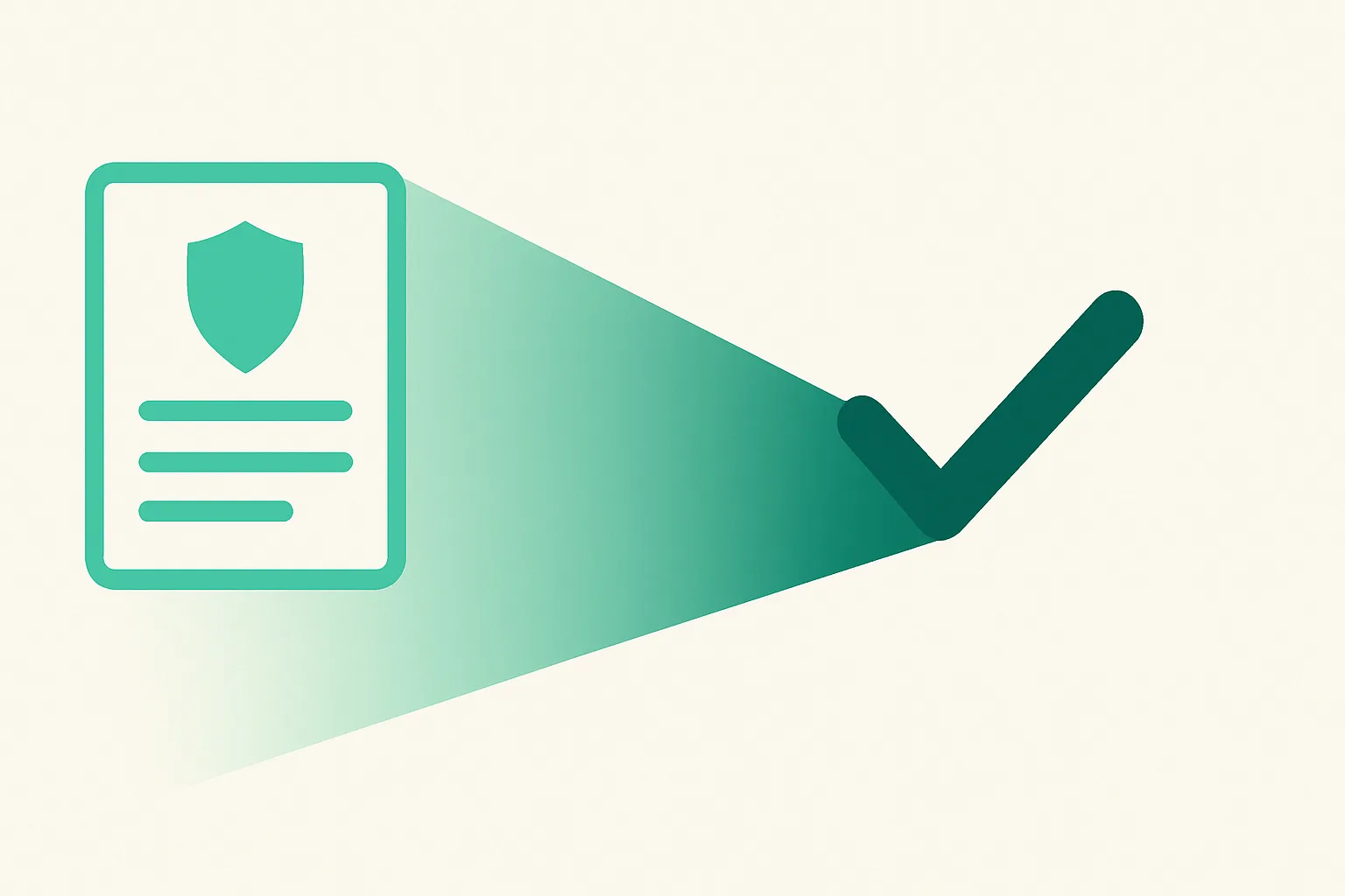 Illustration: an insurance document being scanned by an AI beam and turned into an approved checkmark, insurance claims theme