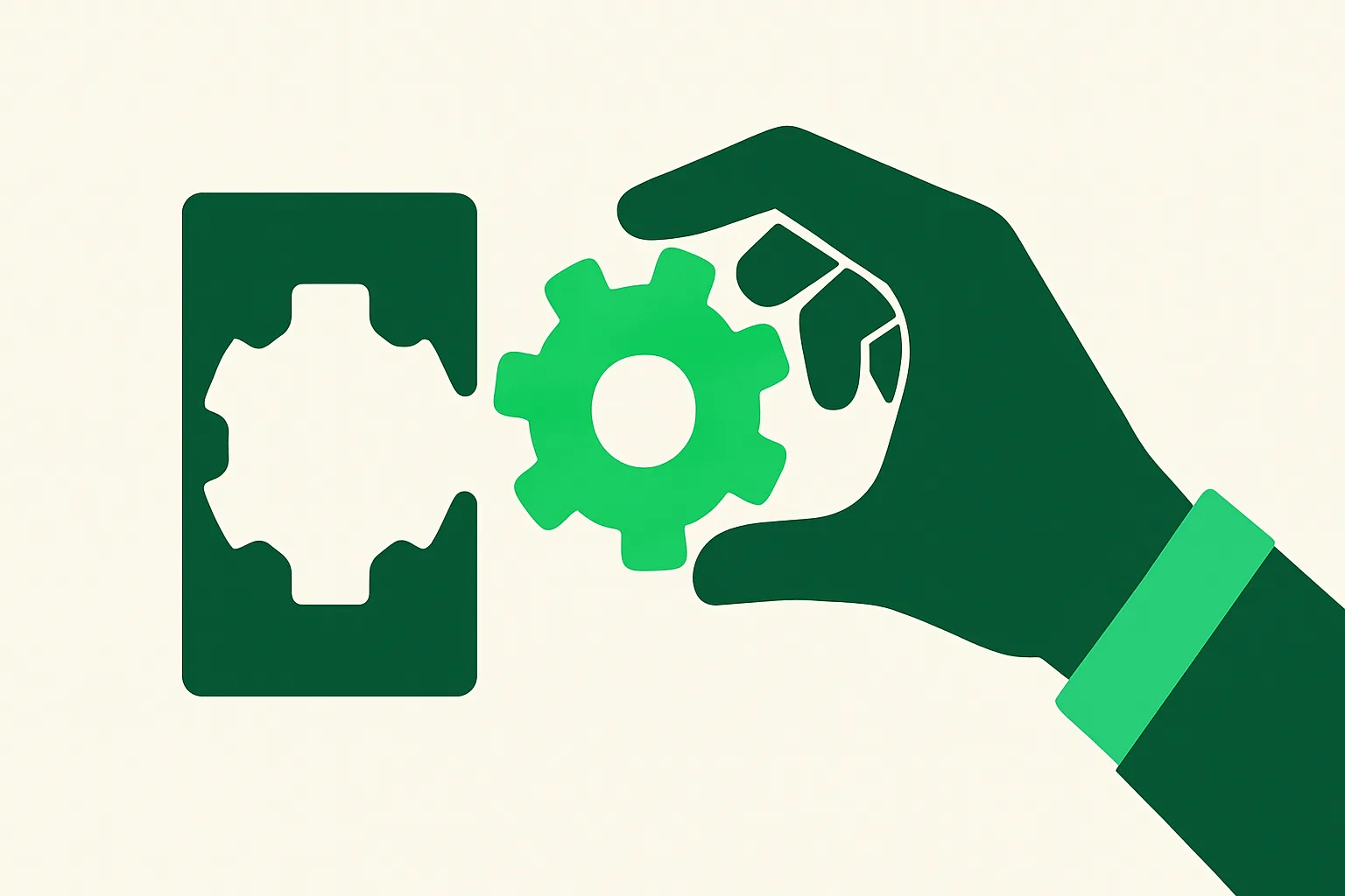 Illustration: a bespoke gear being crafted to fit a unique slot, representing custom-built AI systems