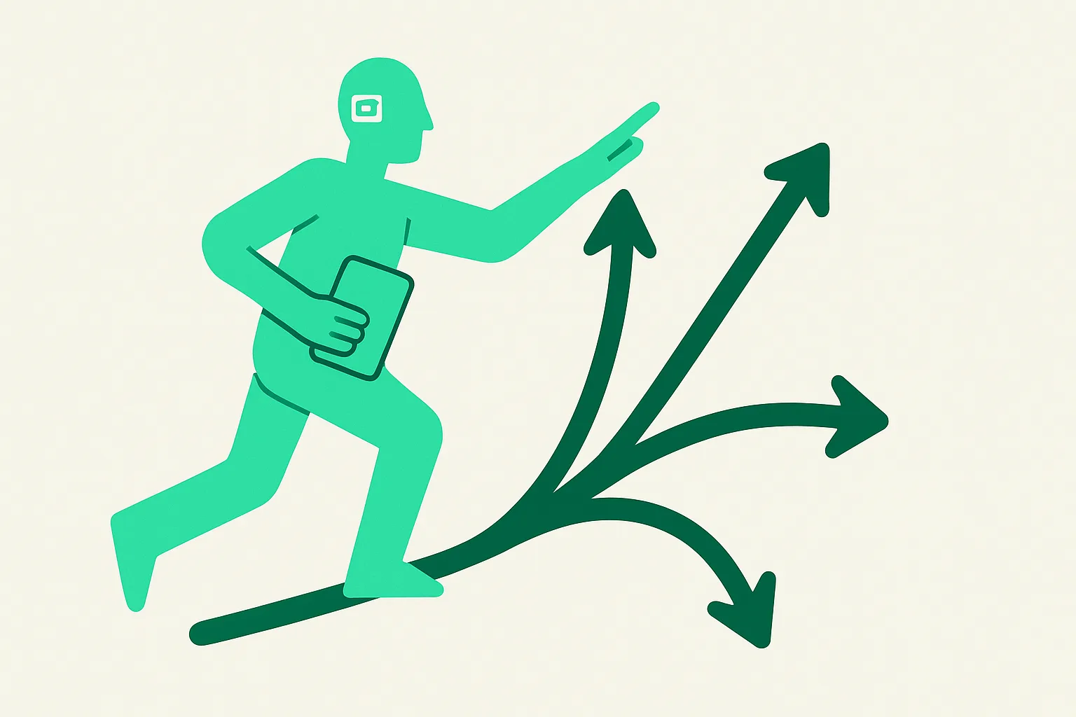 Illustration: a proactive humanoid AI figure taking multiple actions along branching arrows, agentic AI theme