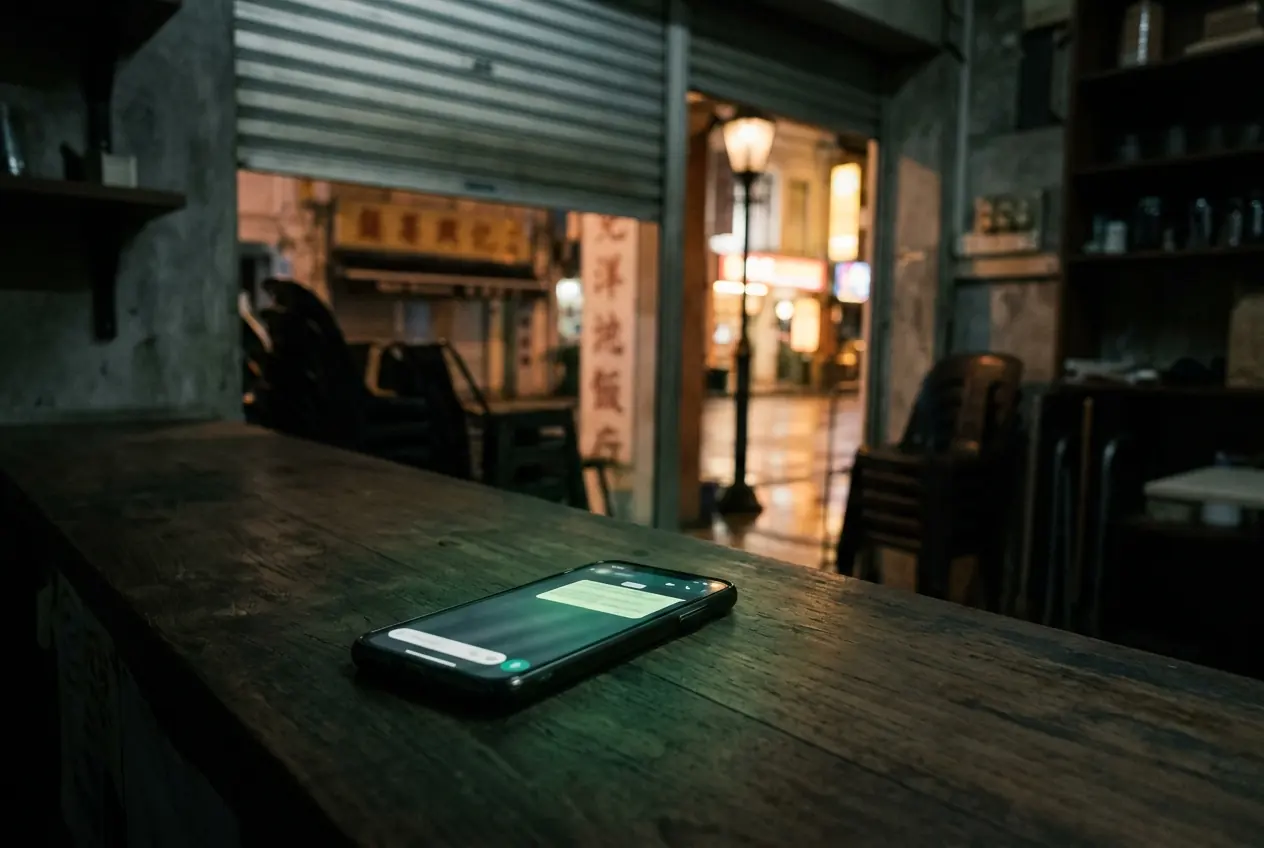 A phone left face-up on the counter of a closed Singapore shophouse at night, its screen glowing with an unanswered message, the street outside lit by a single lamp