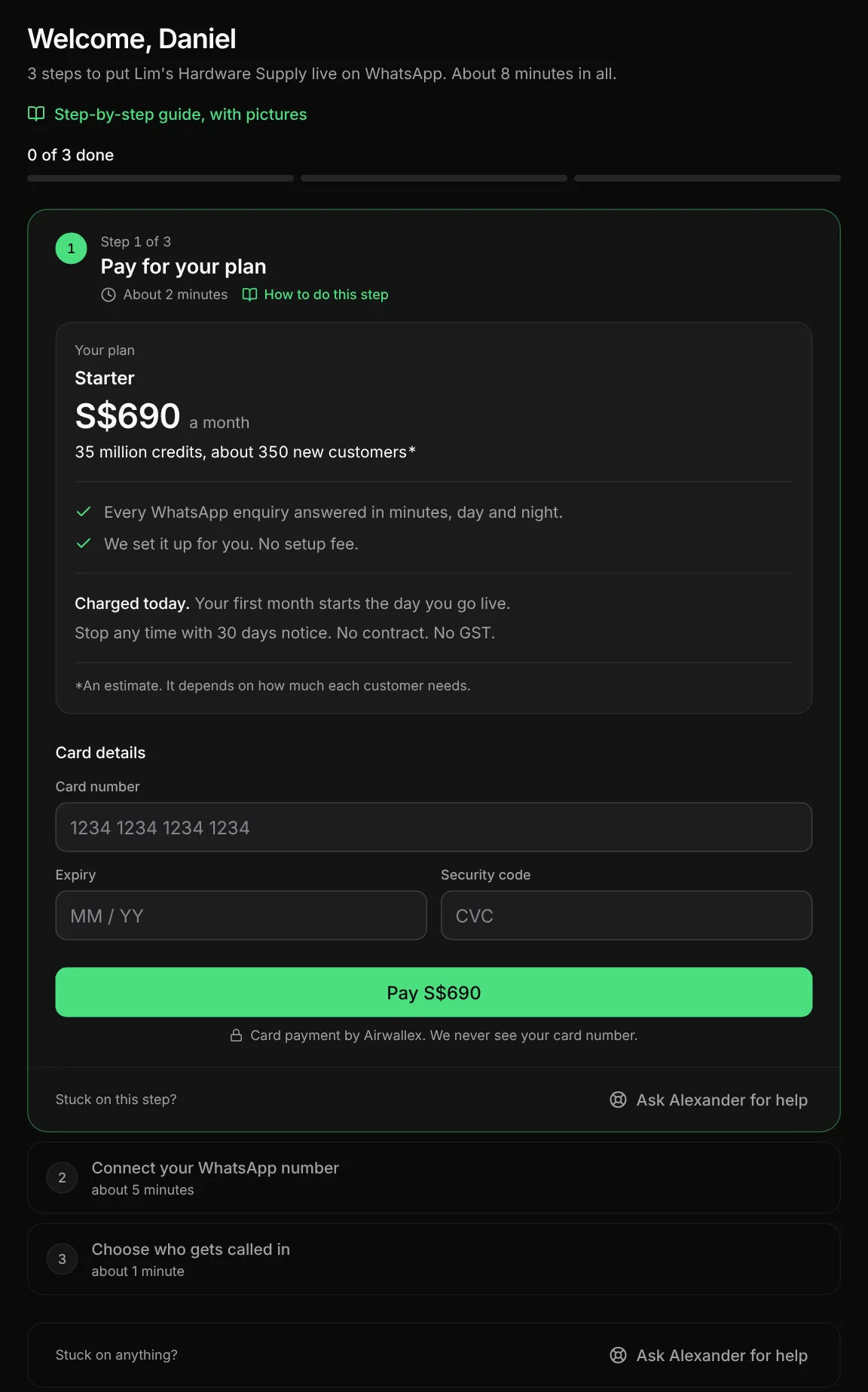 Get started with 0 of 3 done. Step 1, Pay for your plan, is open. It shows the Starter plan at S$690 a month, the card boxes and the Pay S$690 button. Steps 2 and 3 are closed below it.