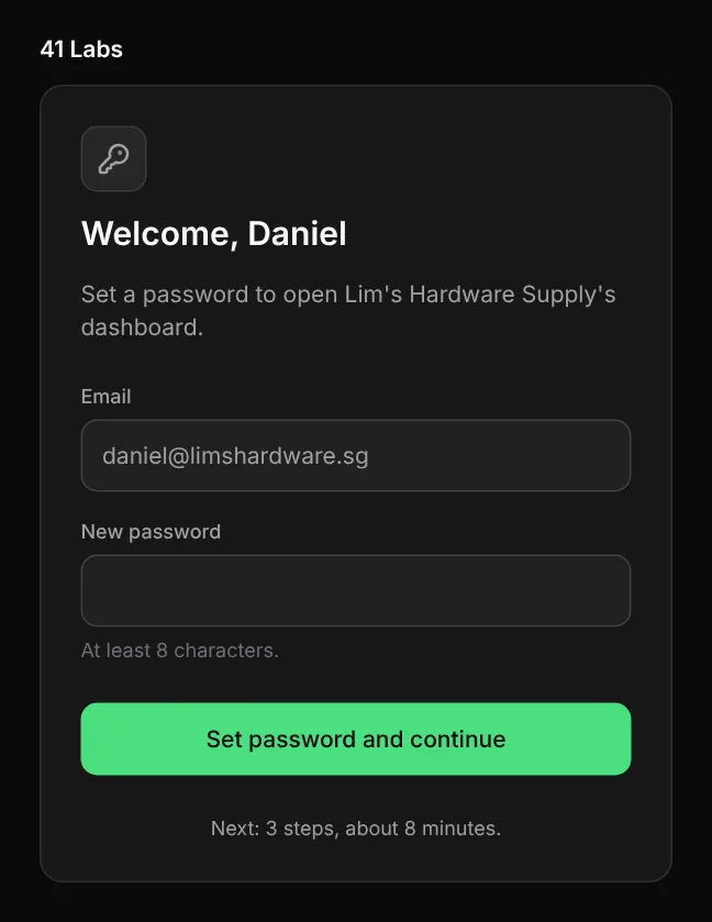 The Set a password screen. It says Welcome, Daniel, and shows the email address, a New password box and the button Set password and continue.