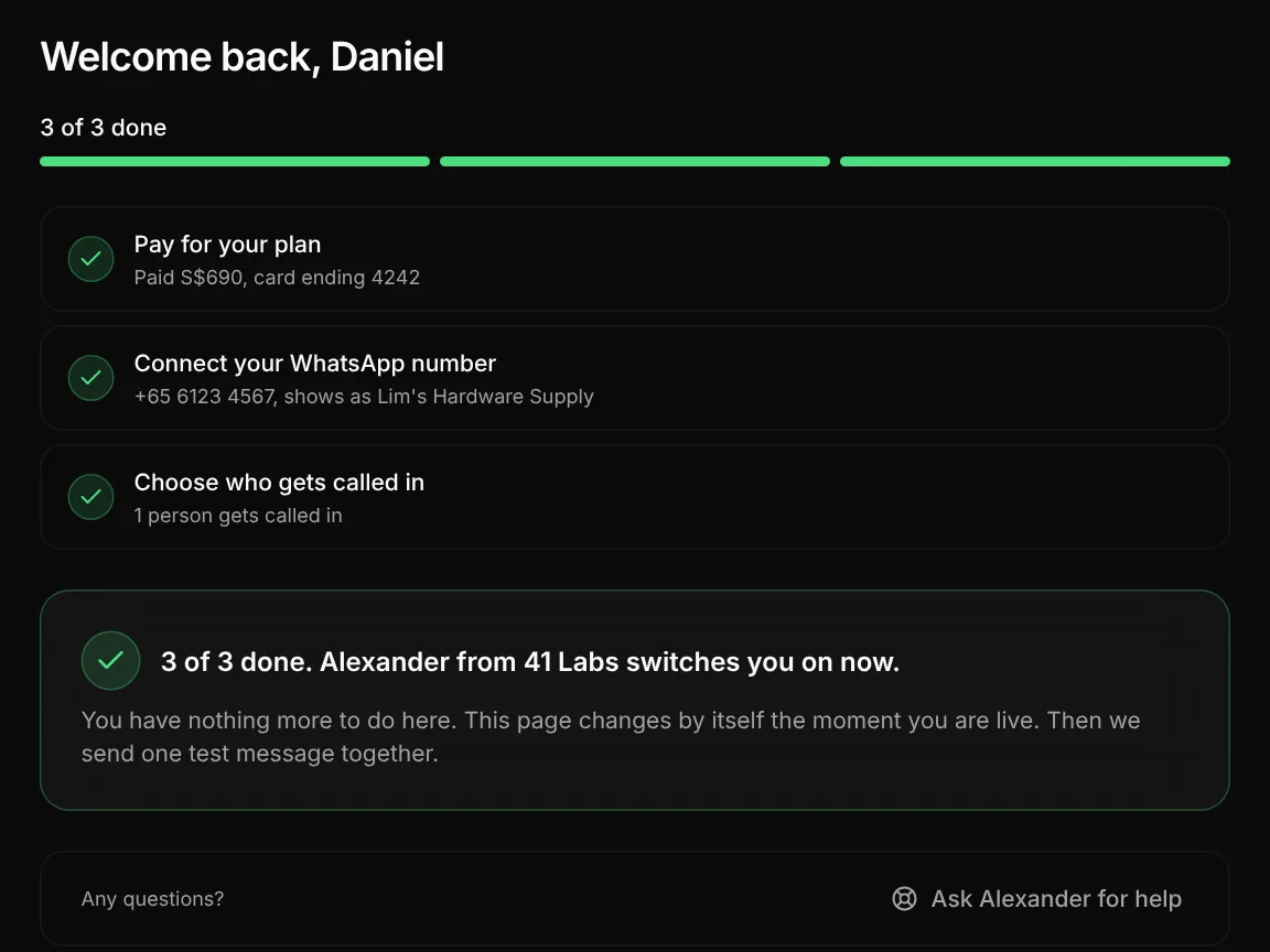 Get started with 3 of 3 done. It says: 3 of 3 done. Alexander from 41 Labs switches you on now.