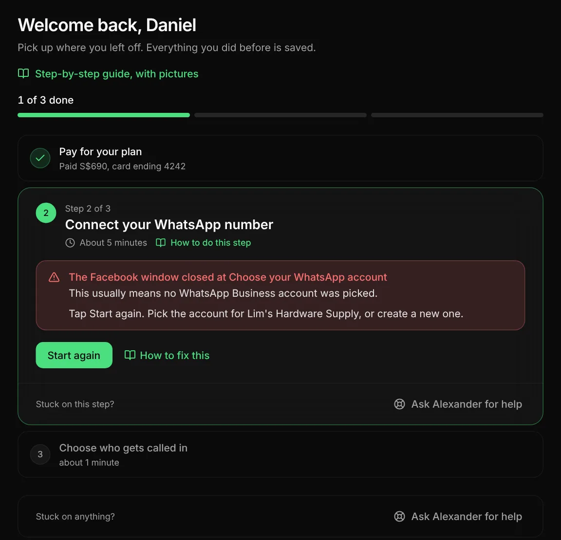 Step 2 with a red box: The Facebook window closed at Choose your WhatsApp account. This usually means no WhatsApp Business account was picked. Below are the Start again button and a How to fix this link.