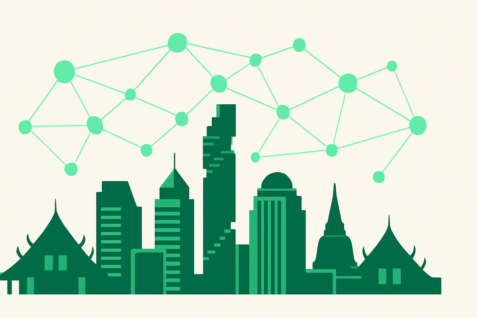 AI automation for businesses in Thailand — Bangkok's skyline with a connected AI network